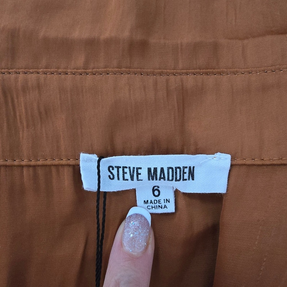 Steve Madden Women's Satin Draped Midi Shirt Dress Bronze Button Tie Waist Sz 6 - Picture 11 of 12
